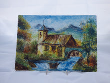 Piastra con paesaggio montano dipinto a spatola